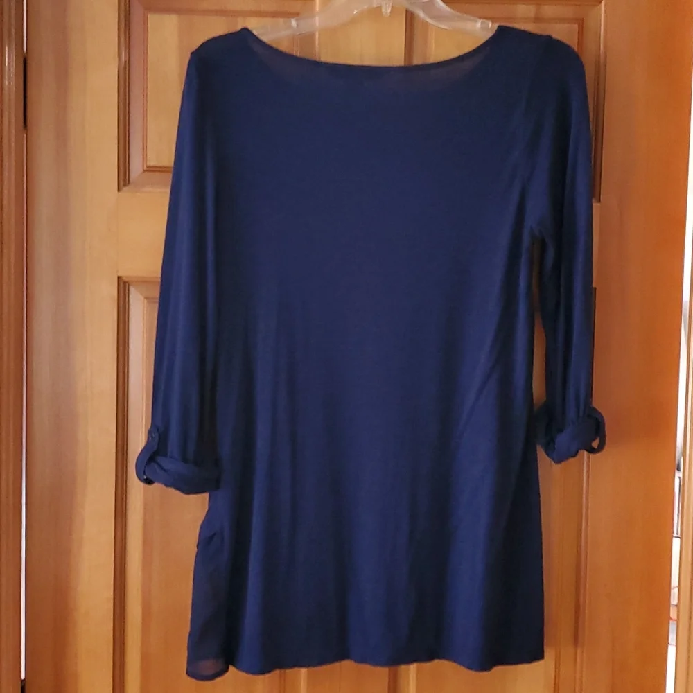 WHBM Navy Boatneck Tab Sleeve Shirt with Sheer Panel size medium‎ - Picture 9 of 11
